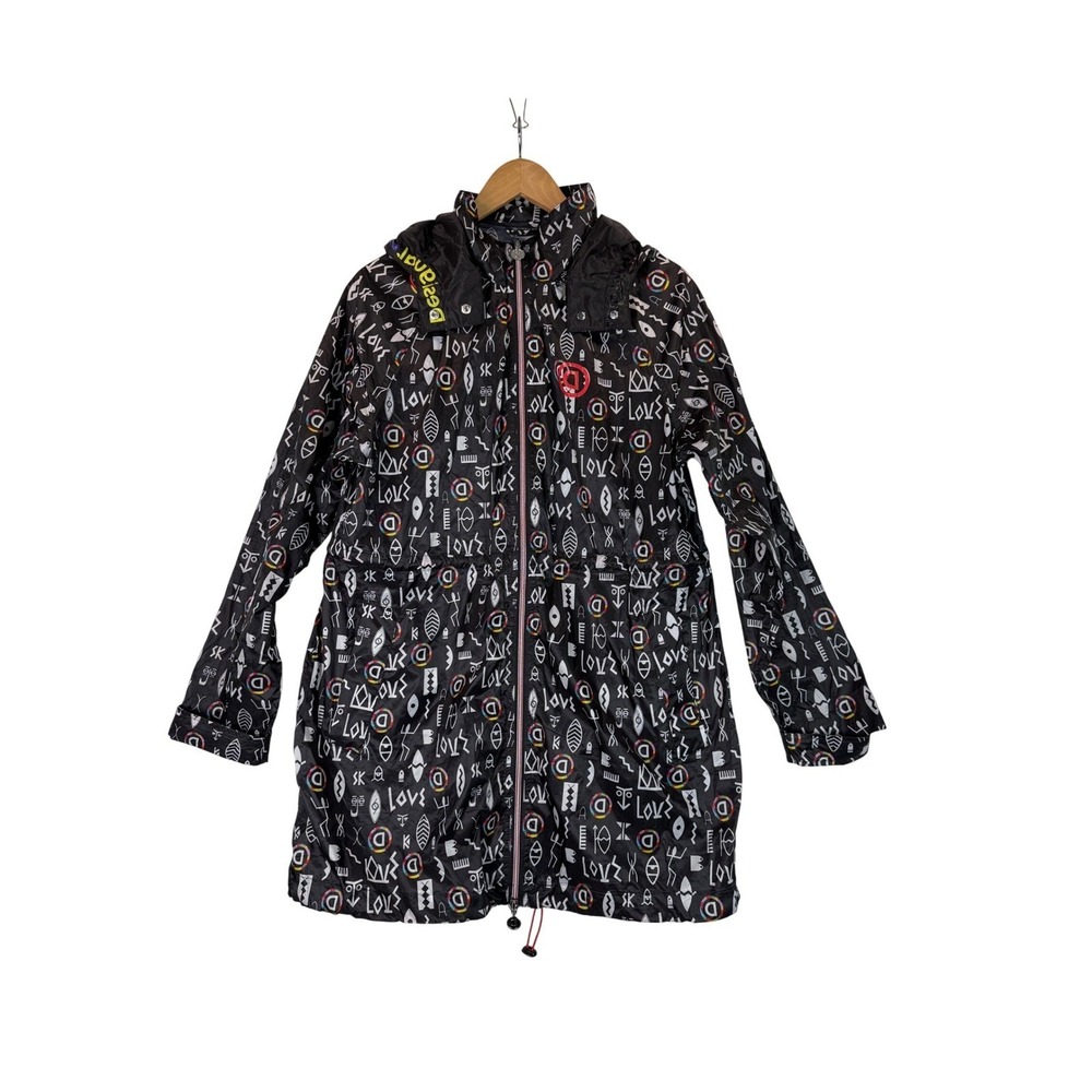Desigual Cave Painting Style Printed Hooded Rain Jacket Logo Adjustable Size M